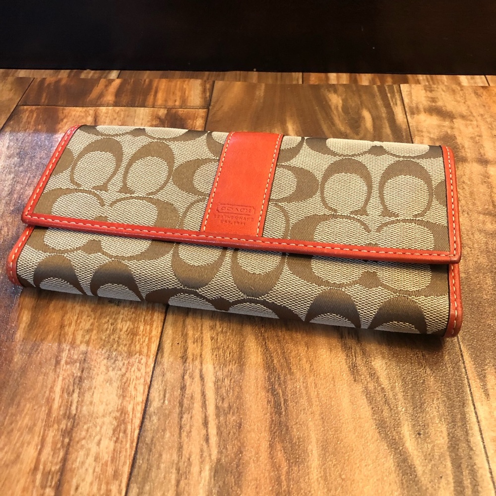 Coach Brown and Red Orange Signature Wallet